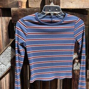 Arizona Jean Co Blue Striped Long-Sleeve Ribbed Crop Top